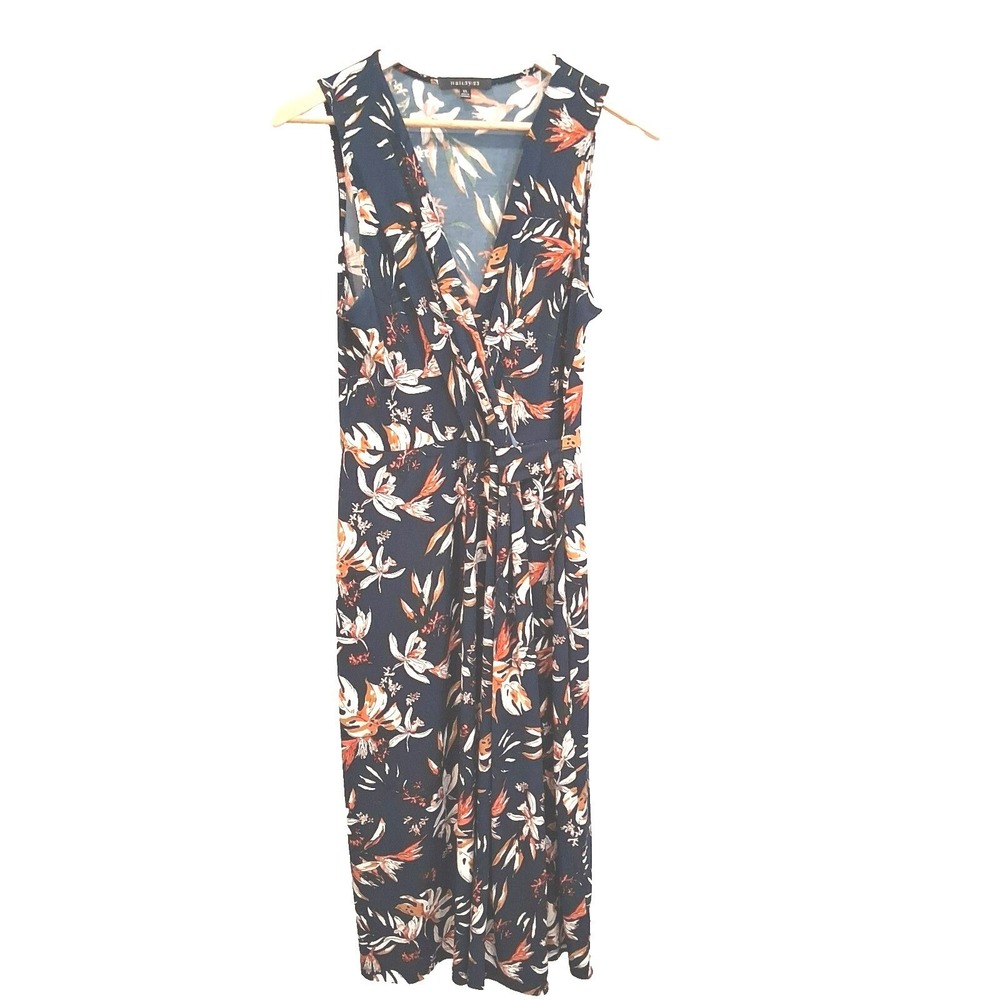 Hail3y:23 Tropical Floral Faux Wrap Midi Dress XL Dark Teal Summer Vacation - Picture 2 of 11